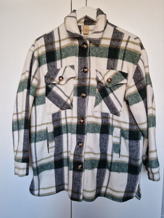 Zielona katana w kratę, oversize S,M,L, ciepła, z kieszeniami,