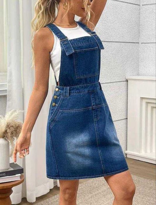 Nowa luźna sukienka ogrodniczka jeansowa – jasny denim, XL-XXL