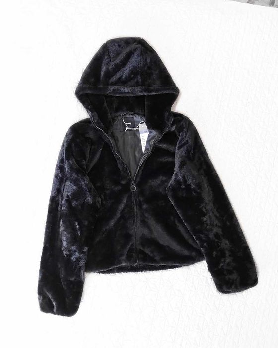 czarna, futrzana kurtka z kapturem Sinsay 164 XS-S teddy miś faux-fur
