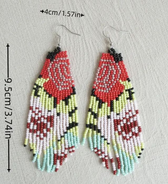 Сережки плетені з бісеру довгі, різнокольорові , квітковий візерунок