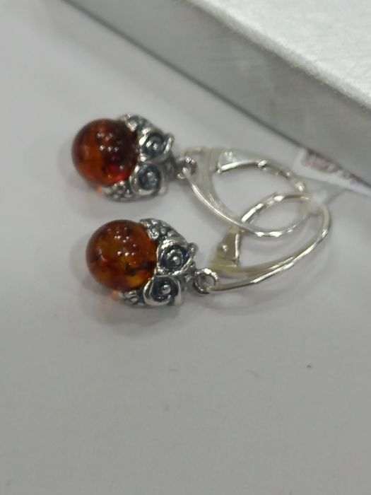 Srebrne kolczyki z bursztynem,  sowa, srebro 925