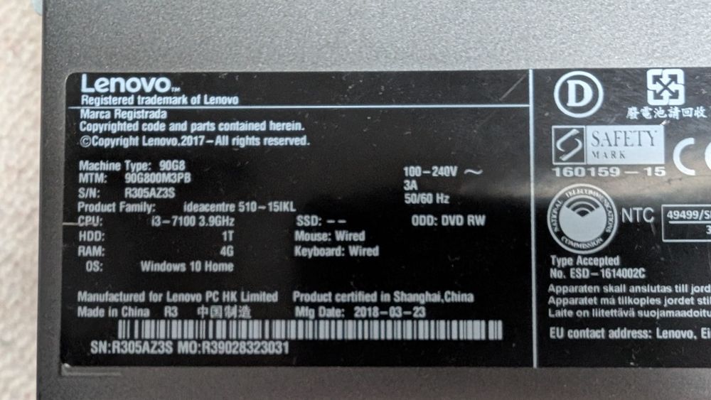 Lenovo IdeaCentre 510-15IKL i3 16GB DVD-RW