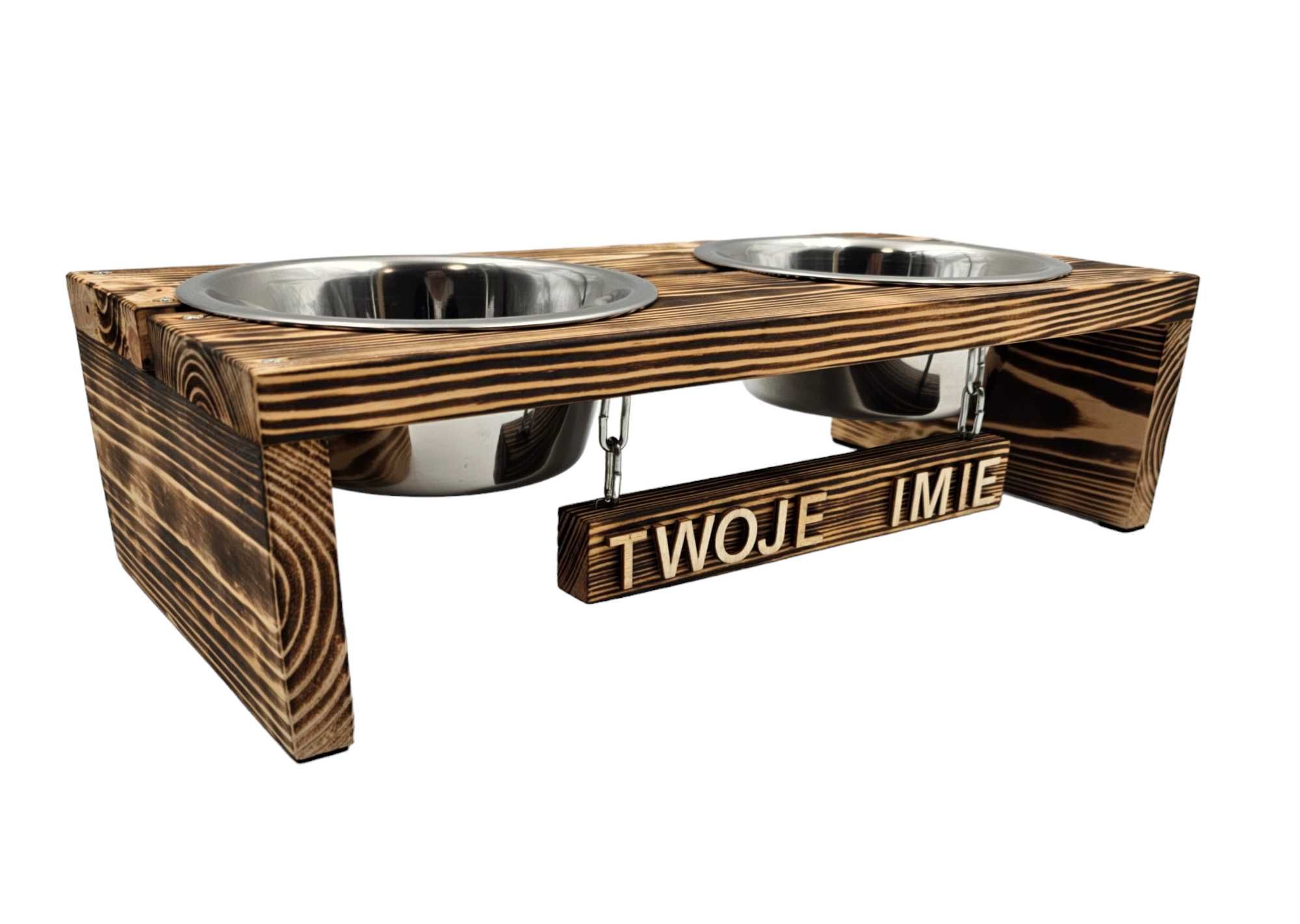 Miski dla psa drewniany stojak z personalizacją 2x900ml roz. M