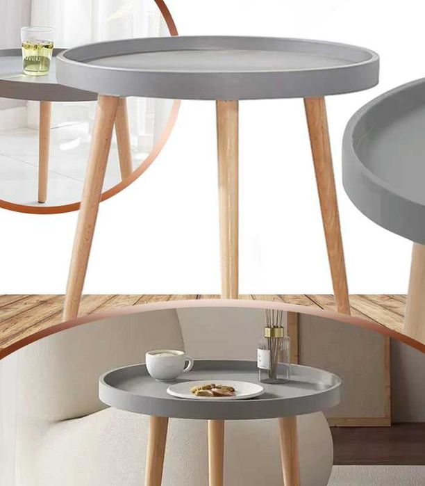 Stolik Kawowy 50cm Drewniany Okrąły Do Salonu Szary G609