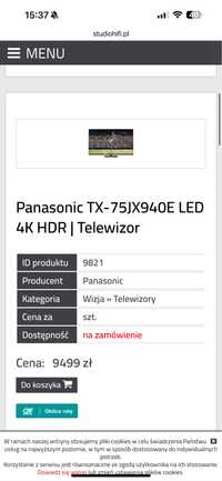 Panasonic TX-75JX940E LED 4K HDR Nowy telewizor gwarancja faktura vat