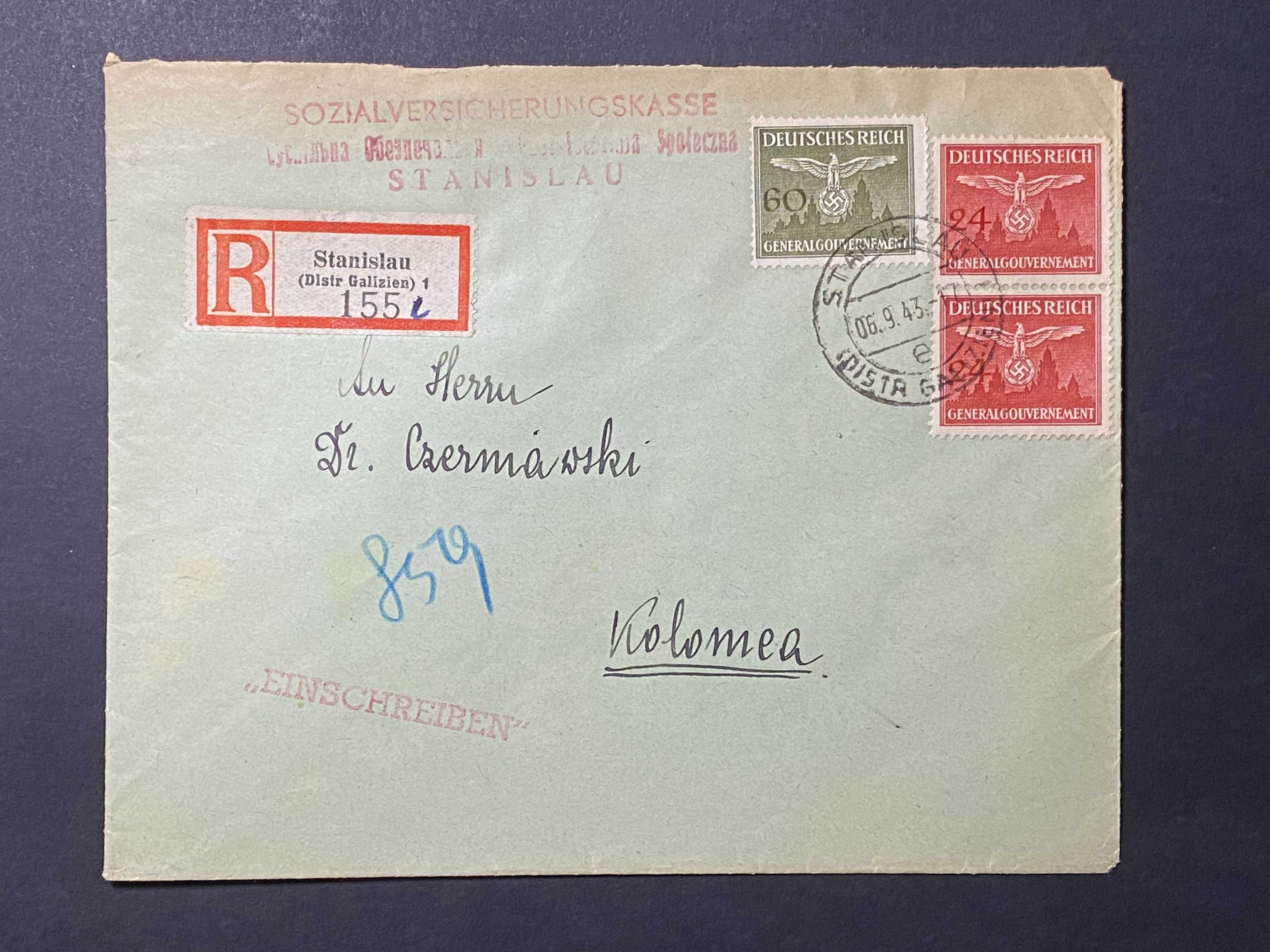 Koperta list polecony GG ze znaczkami U31, U34 Generalna Gubernia