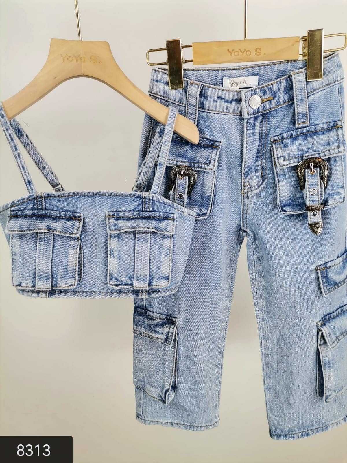 Komplet dla dziewczynki dziecka jeansowy spodnie bojówki top 146-152