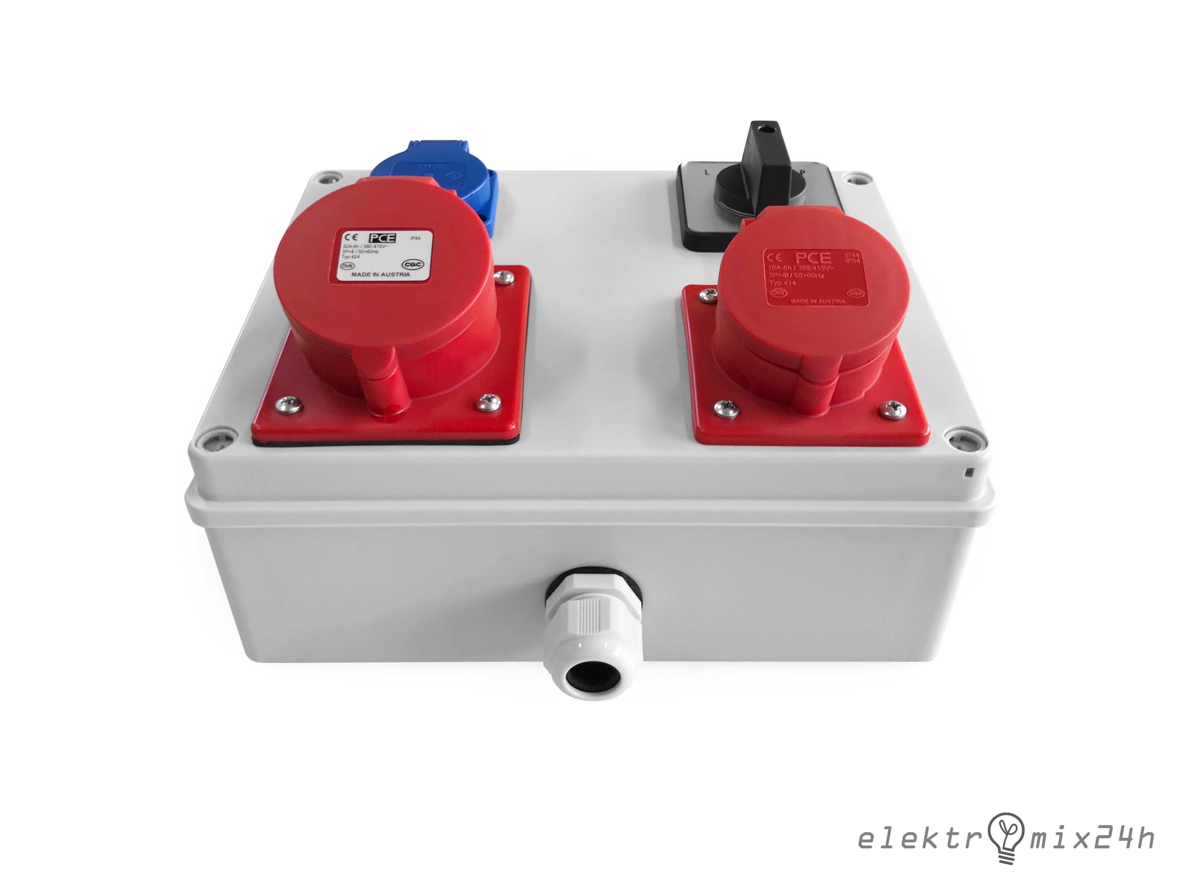 Skrzynka elektryczna, gniazda 1x16A 230V | 1x16A/1x32A 4P 400V + L-0-P