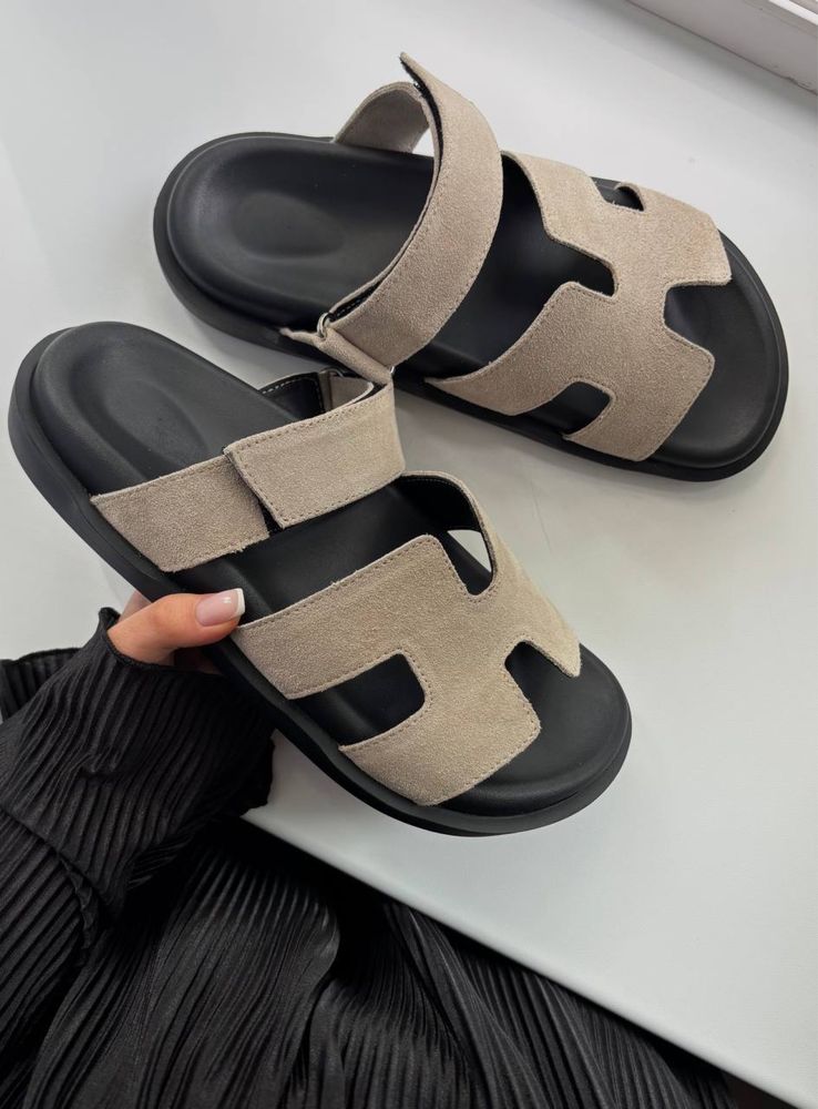 Жіночі шльопанці Hermes Grey 36-41 натуральна замша тапки