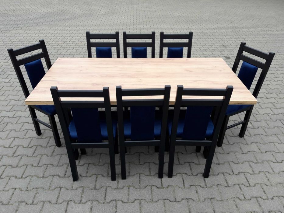 Stol 185/244x95 x76 i 8 krzesel czarny mat blat dab craft złoty lofl