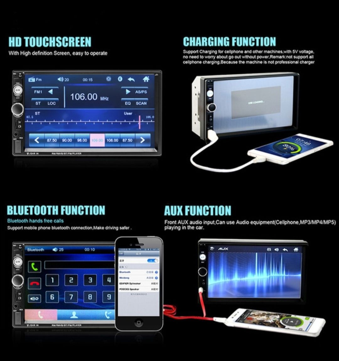 Автомагнитола 2 din 7" сенсорный экран Bluetooth AUX, пульт, камера