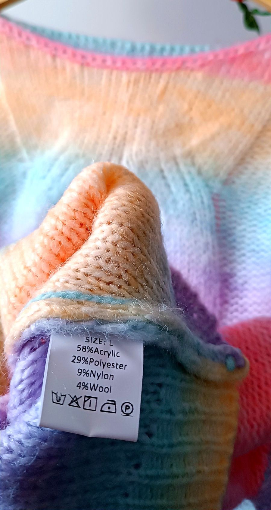 NOWY kolorowy puszysty sweter r. L z wełną efektem OMBRE i warkoczem