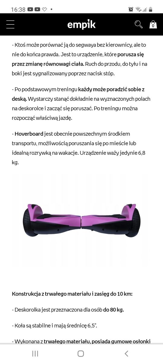 Deskorolka elektryczna Hoverboard deska smart róż