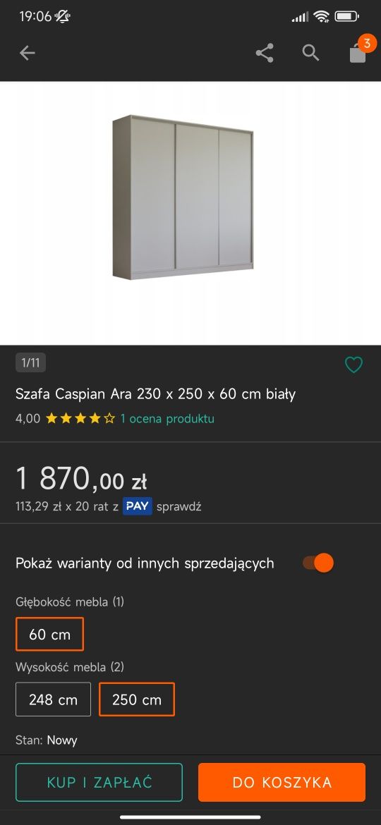 Szafa przesuwna lub drzwi szafy 230x250