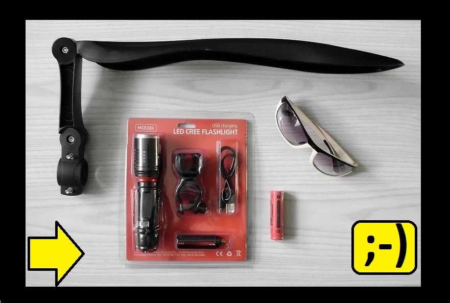 Błotnik tylny Simpla + latarka rowerowa LED - Maclean MCE220 + okulary