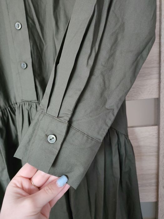 Długa sukienka bawełniana koszulowa rozkloszowana elegancka khaki 38