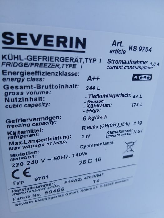 Lodówka firmy SEVERIN z osobnym zamrażalnikiem energooszczędna A++.