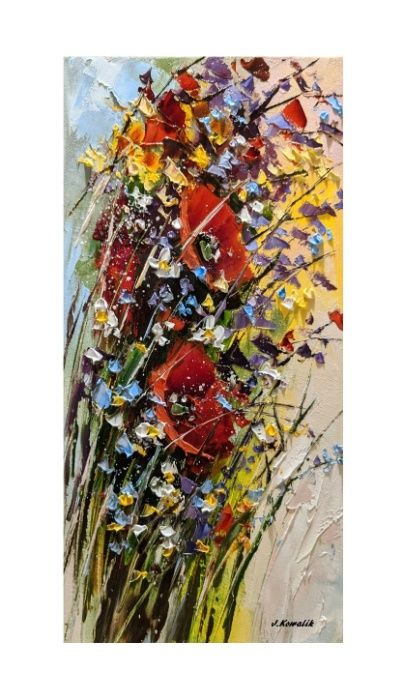 Kowalik - Polne kwiaty obraz olejny 20x40cm maki bukiet