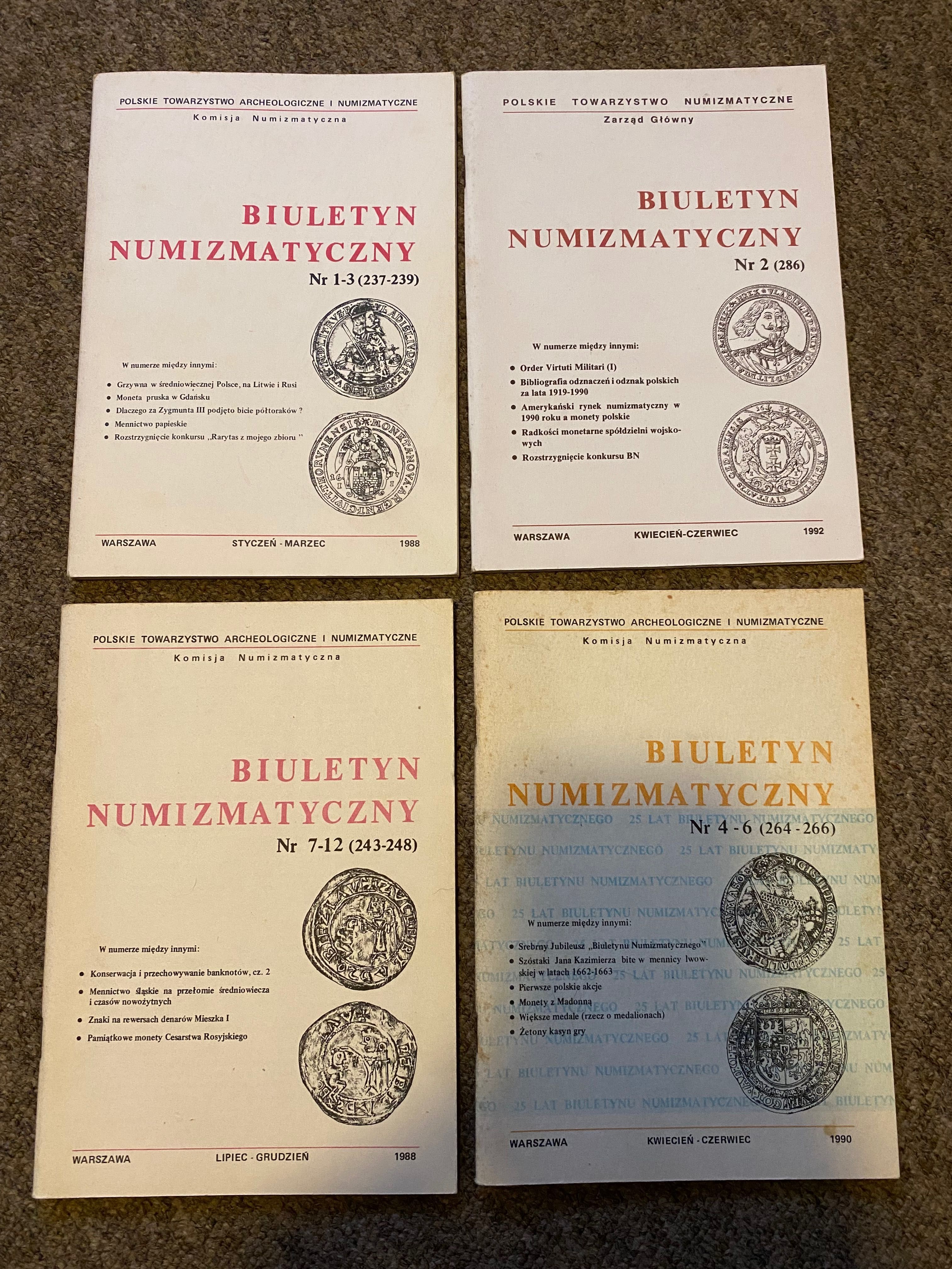 Biuletyny numizmatyczne 1988, 1990 i 1992