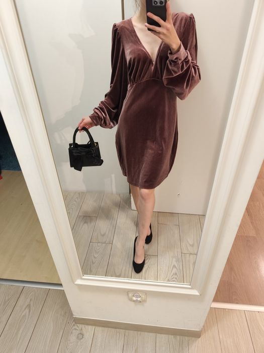 Welurowa sukienka na zimę ciepła sukienka wieczorowa midi na święta L