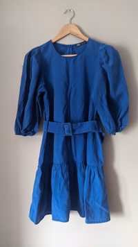Śliczna kobaltowa sukienka Zara S z paskiem bufiaste rękawy komunia