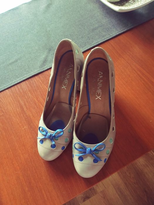 Buty damskie 36 obcas szare granat wsuwane