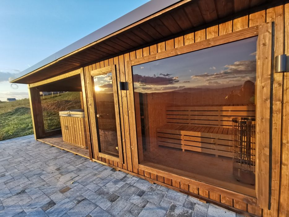 SAUNA ogrodowa PREMIUM 7,5M X 2,5M PIEC WI-FI, prysznic