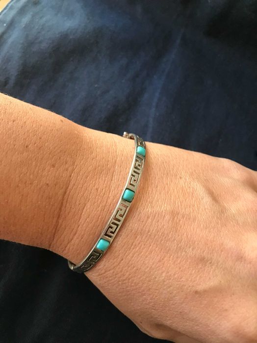 Conjunto de pulseira e anel grego, em prata e turquesa