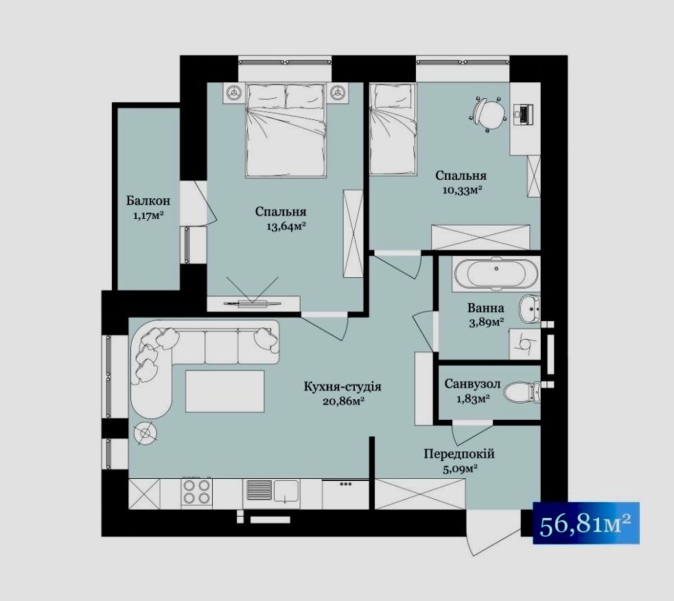 2-кімнатна 57м2 | ЖК West Towers | єОселя