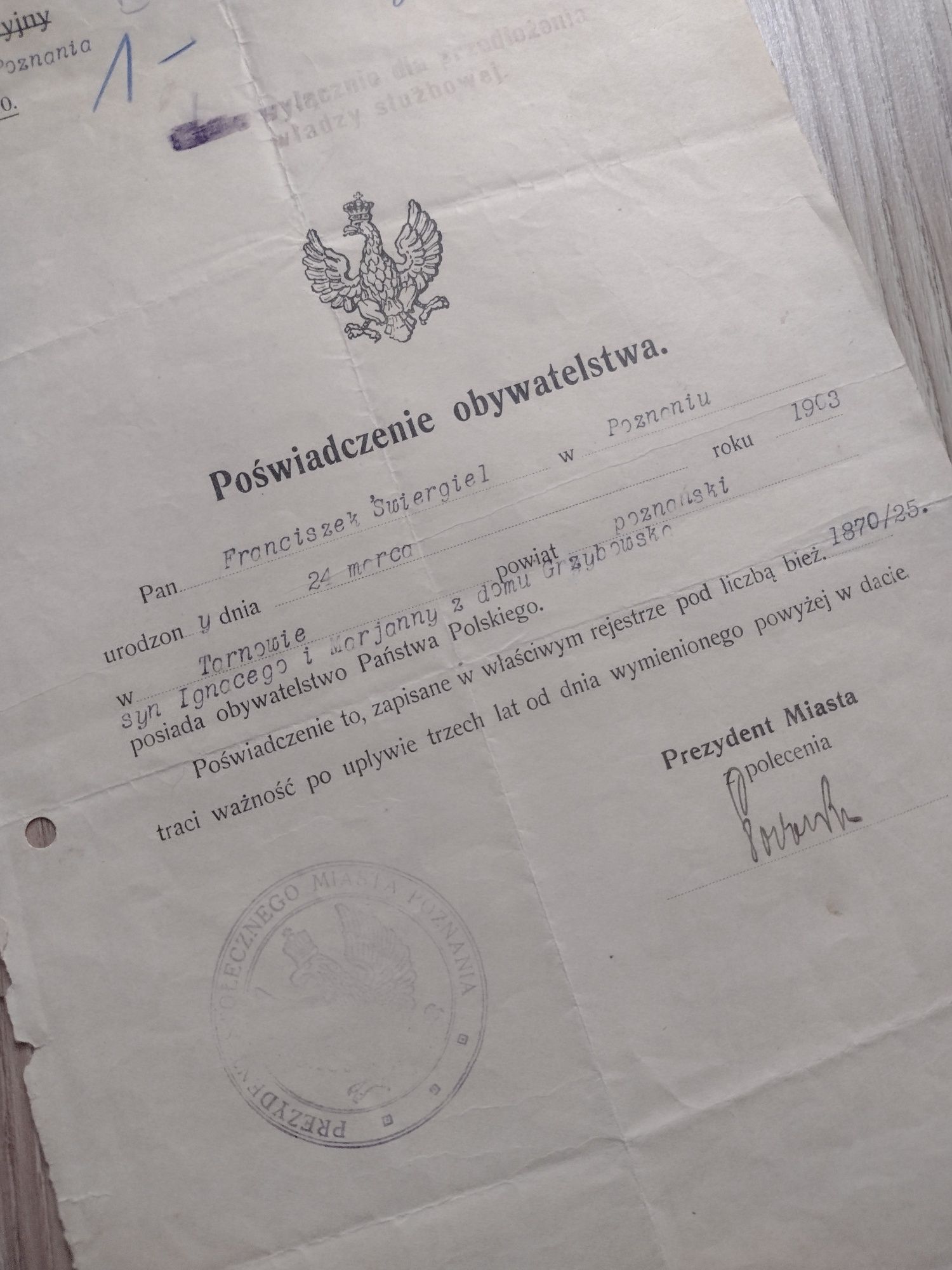 Dokument II RP Policja Poznań 1925