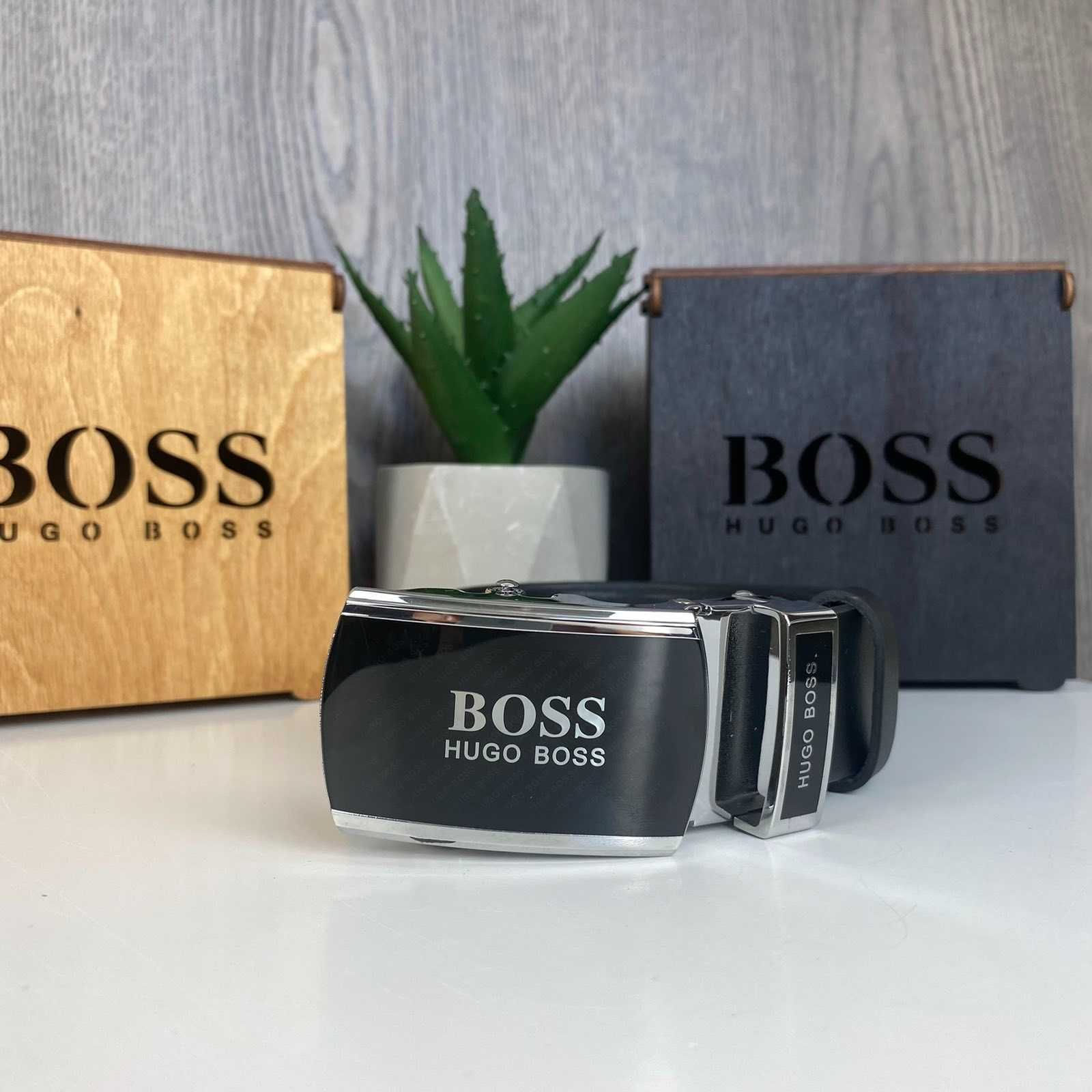 Мужской кожаный ремень пояс на подарок Hugo Boss Босс черный в коробке