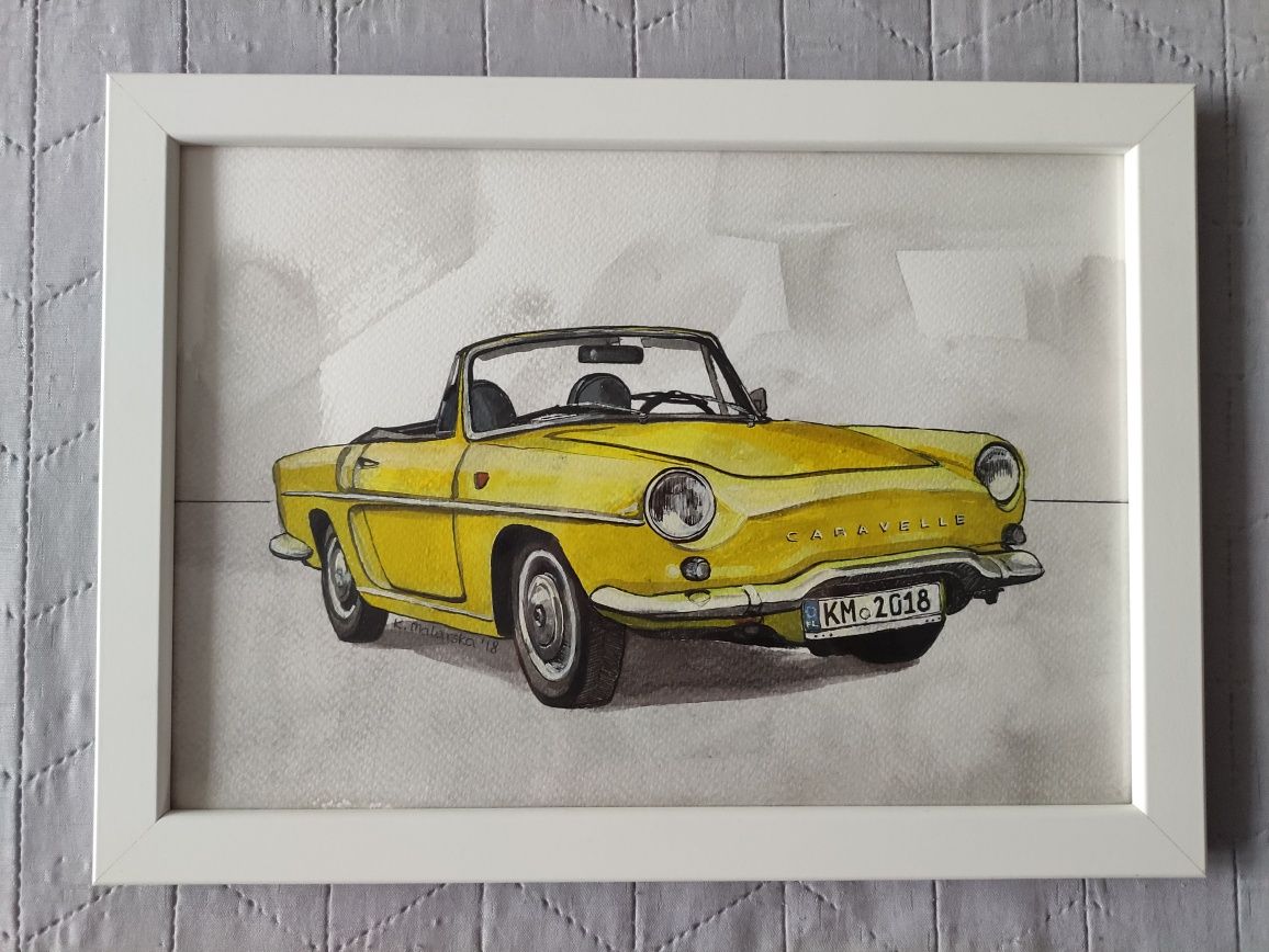 Obraz grafika 21x30cm ręcznie malowany Renault Caravelle oprawiony