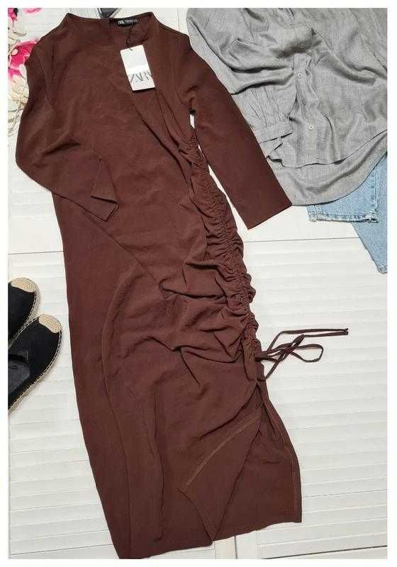Платье Zara длинное с драпировкой с рукавом, р. S/М