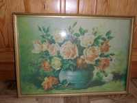"Herbaciane róże w wazonie" - obraz - stary oleodruk w ramie za szkłem