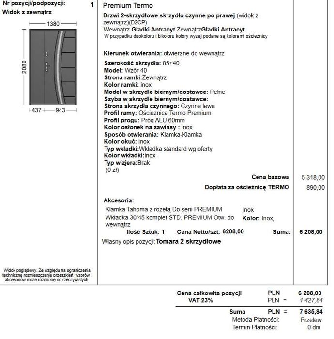 Drzwi Wikęd 40 2-skrzydłowe Premium Termo  1380 x 2080 Antracyt gładki
