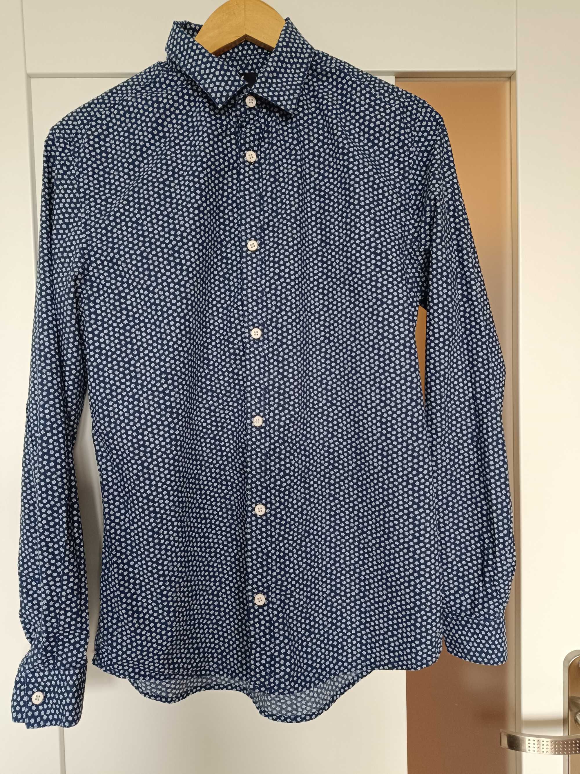 Granatowa koszula męska w białe kwiatuszki H&M slim fit M
