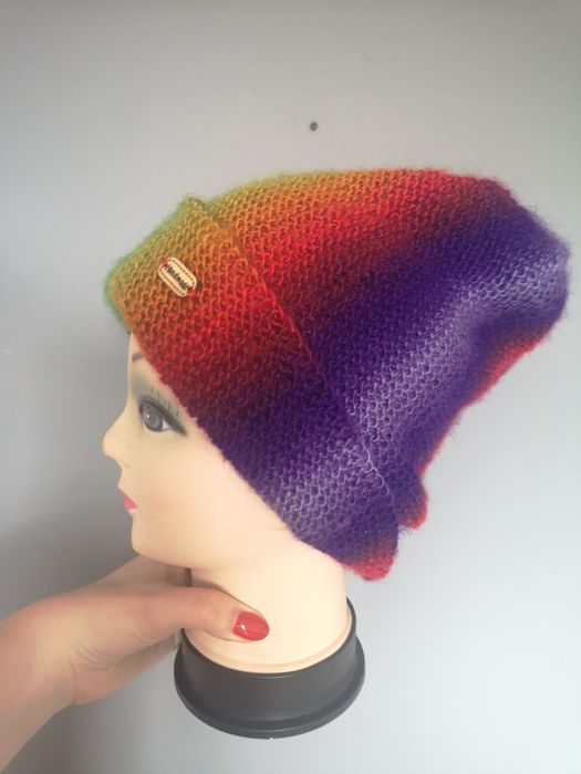 Tęczowa czapka na drutach Handmade Nowa