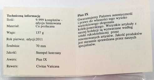Papież PIUS IX + Certyfikat + Etui Złoto Numizmat Medal Moneta Au