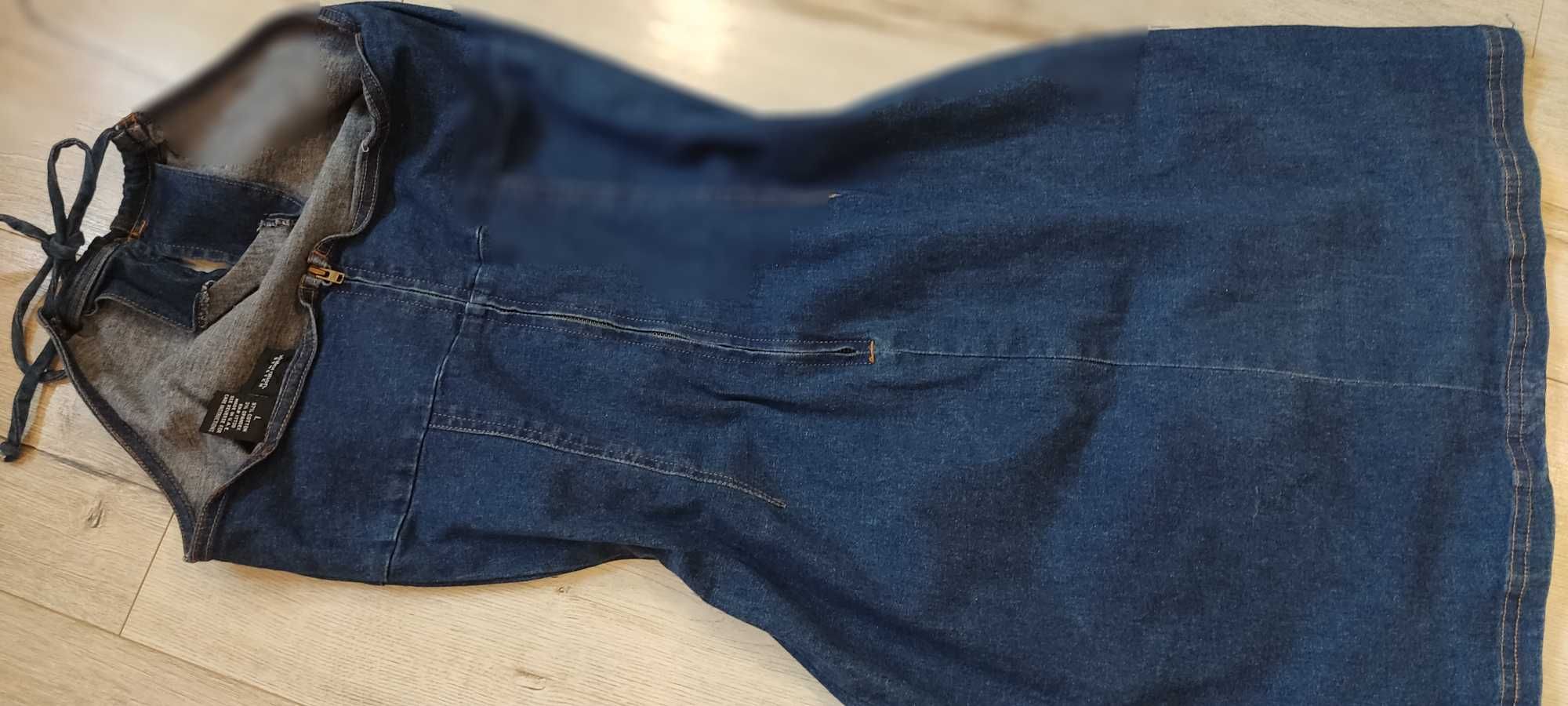 Sukienka jeans bez pleców wiązana na szyi, zamek Rozm M-L