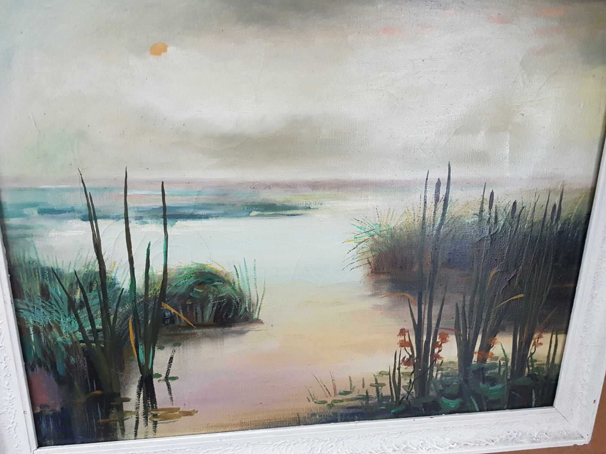 Obraz olejny "Mglisty Poranek Nad Jeziorem" w białej ramie 80x64