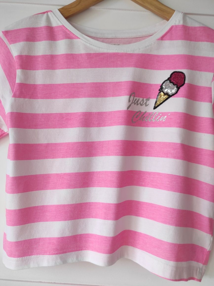 T-shirt bluzeczka biało różowa paski, cekiny Primark rozmiar 164