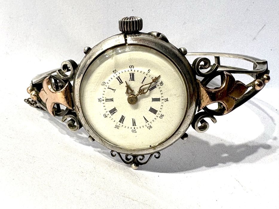 Magnífico antigo relógio de pulso feminíno em prata e ouro - trabalha