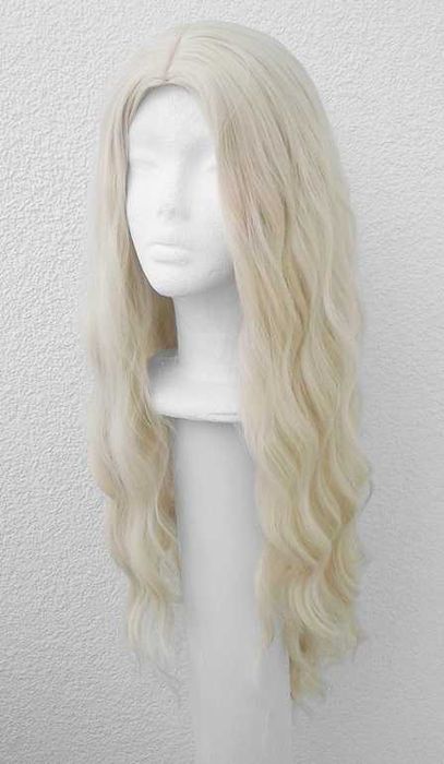Blond długa falowana peruka z przedziałkiem bez grzywki cosplay wig