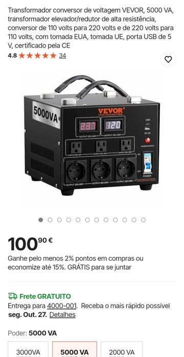 Transformador conversor de voltagem Vevor 5000Va