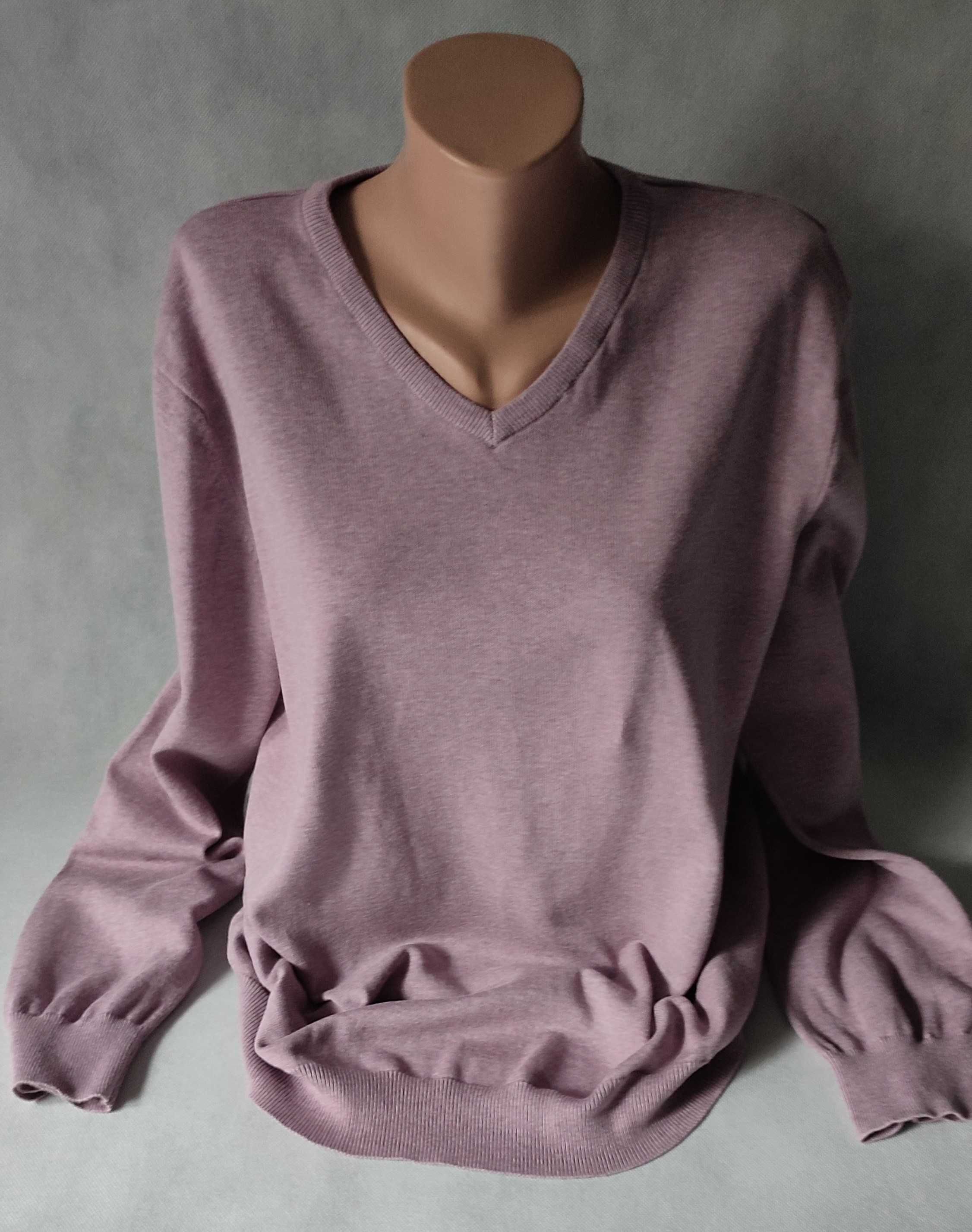 Bawełniany liliowy sweter dekolt V z długim rękawem XL 100% bawełna
