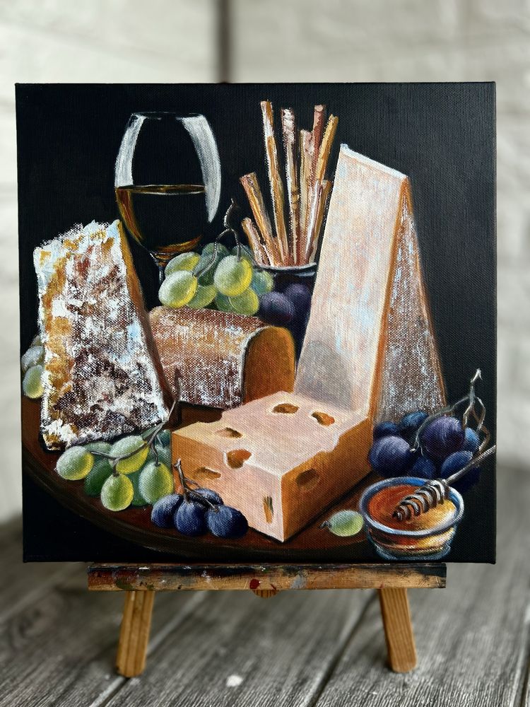 Картина Натюрморт Сыр Вино Сигара Картины для кухни Холст Масло 30*30