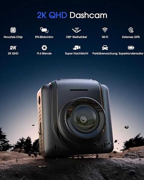 Kamera samochodowa Dashcam WiFi 2K, miniaturowa kamera przednia