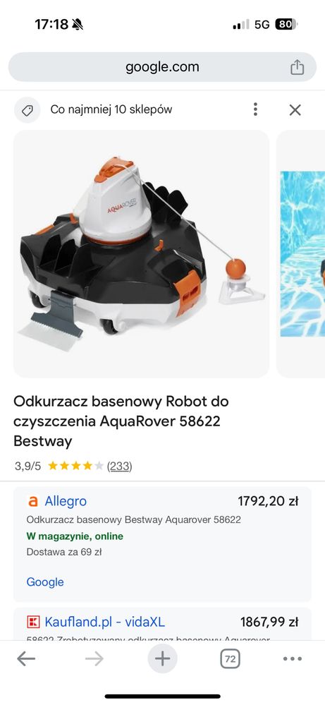 Aquarover odkurzacz basenowy bestway jak nowy