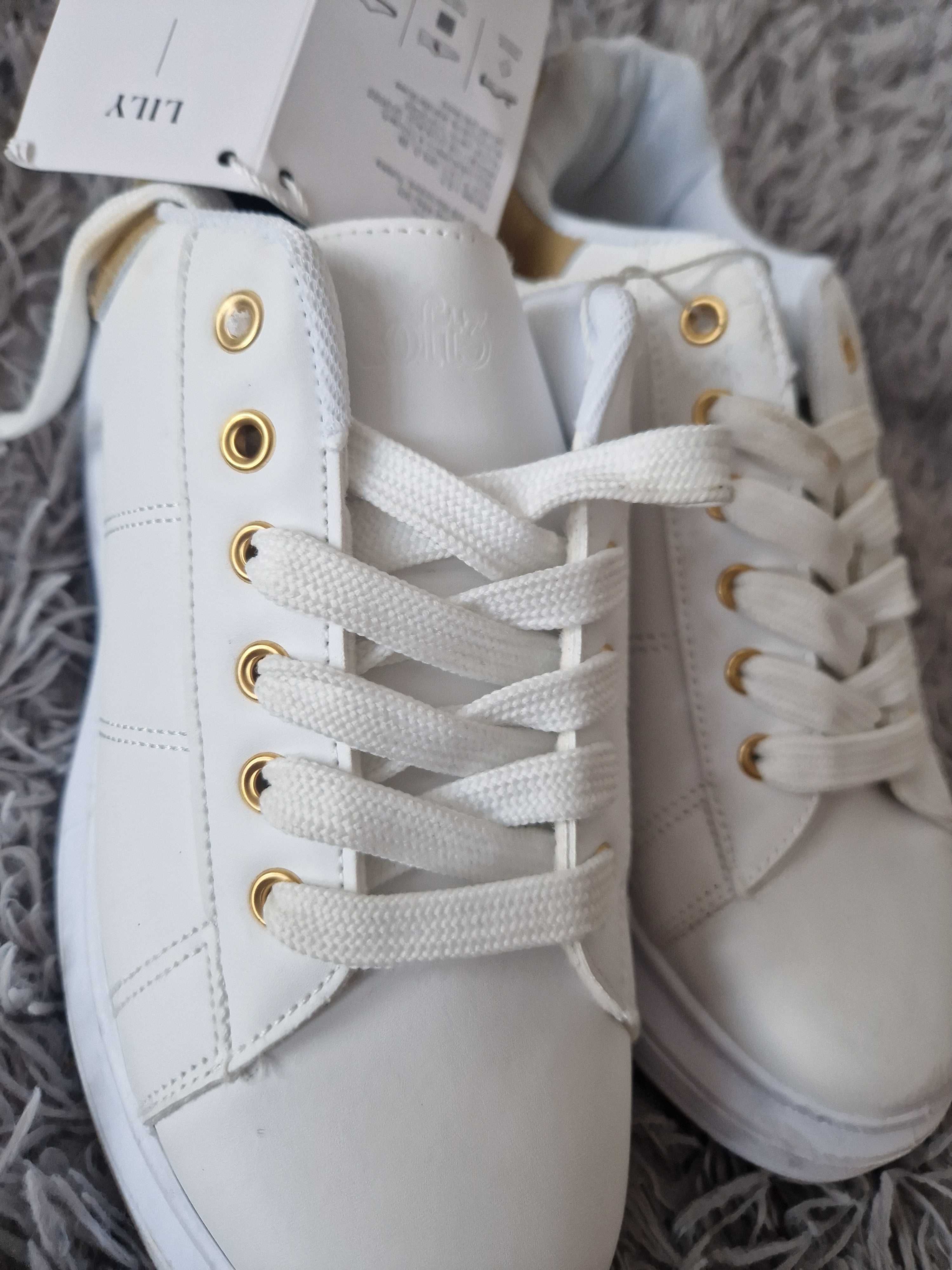 buty nowe białe ze złotym na wyższej podeszwie platformie 39   loft37