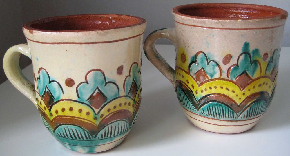 2 старі гуцульські чашки горня косівська кераміка Листівки